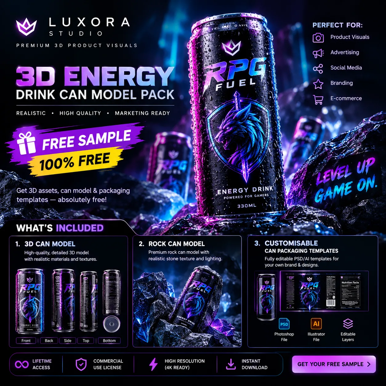 RPG FUEL Free 3D Packaging Mockup Sample | 3 Paper Mockups + Rock Model cover