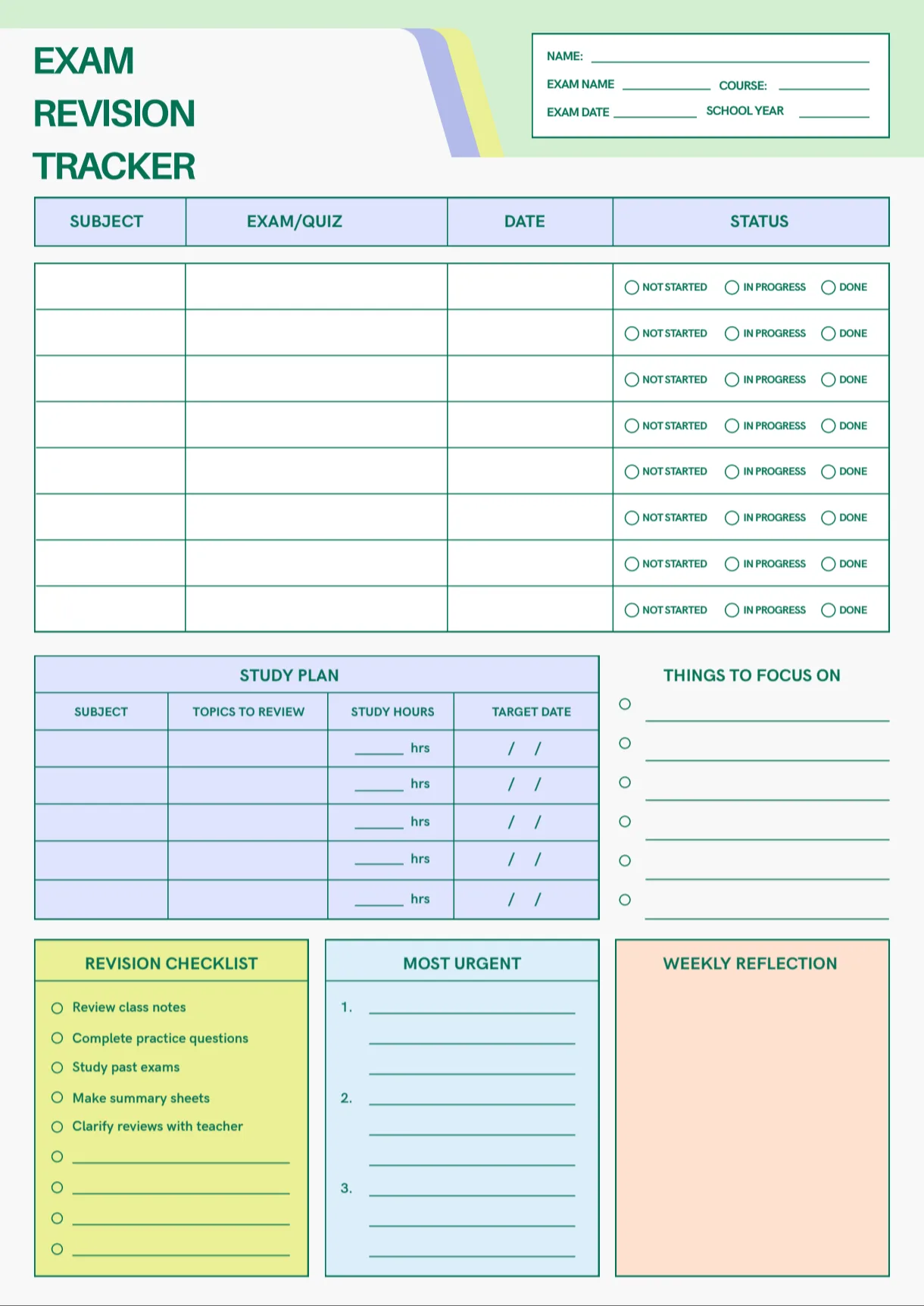 Exam Revision Tracker — Printable PDF