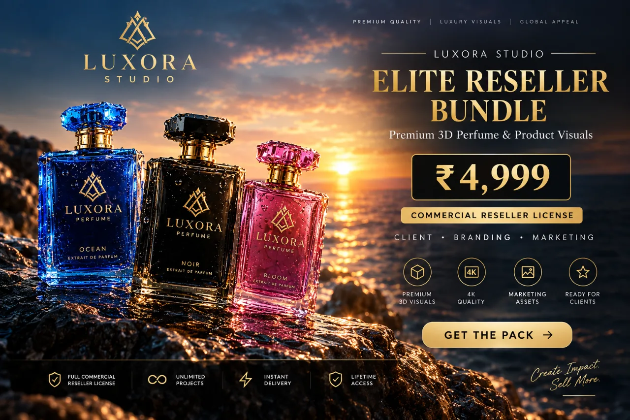 LUXORA Studio — Premium 3D Perfume Mockup Bundle | 4K Product Visuals, Hero Banners & Promo Video cover