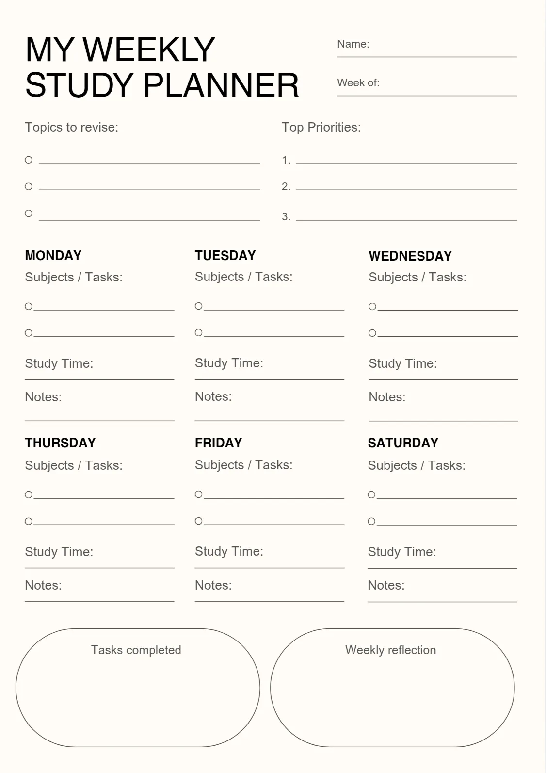 Six-Day Study Planner — Printable PDF