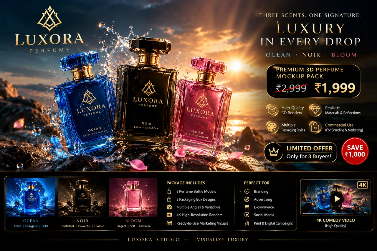 LUXORA Studio — Premium 3D Perfume Mockup Bundle | 4K Product Visuals, Hero Banners & Promo Video: preview 1 of 4